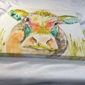 BULL ON CANVAS WITH WATER COLOR LOOK   16 " X  20  ON CANVAS AND WOOD